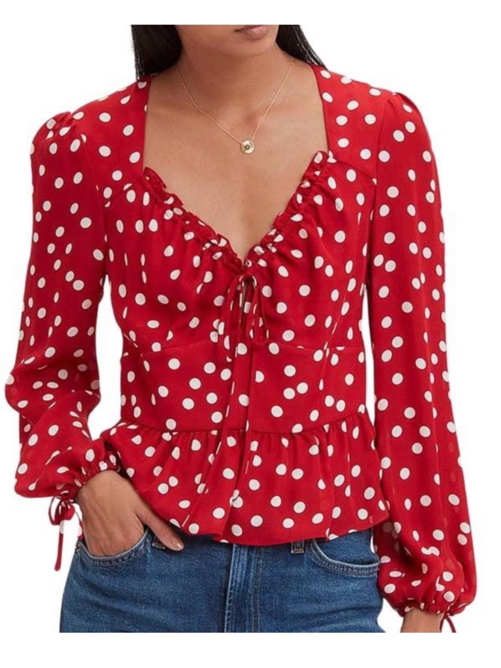 INTERMIX Red & White Polka Dot Tie-Front Blouse 100% silk
